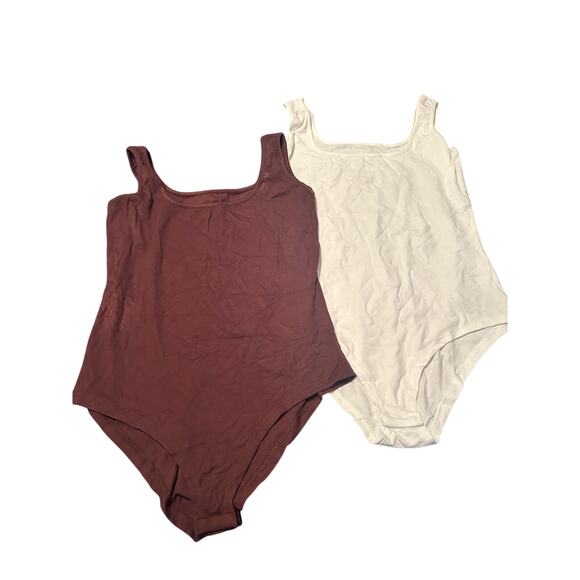 NWOT Lot of 2 Tank Style Bodysuits Brown/White Snaps at Crotch Size Large - Picture 1 of 5
